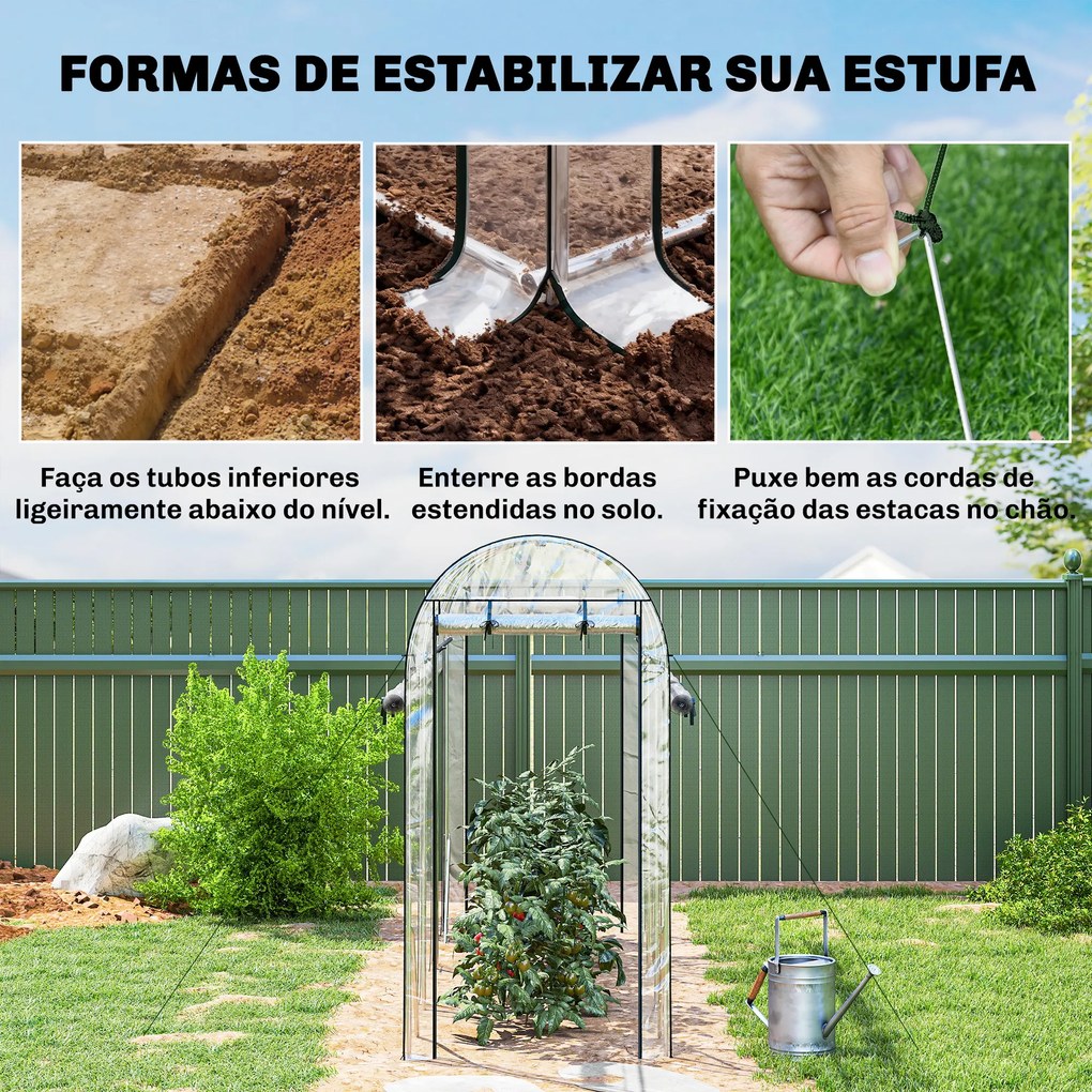 Estufa Tipo Túnel 3x1x2 m com 8 Portas Enroláveis e Estrutura de Aço Galvanizado Anti-UV Transparente