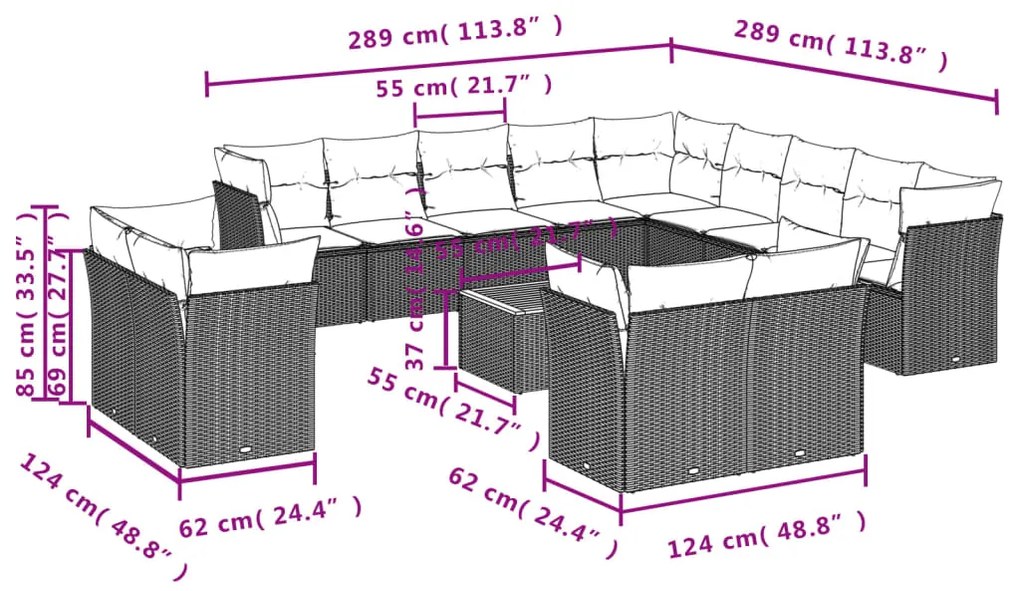 14 pcs conjunto sofás p/ jardim c/ almofadões vime PE cinzento