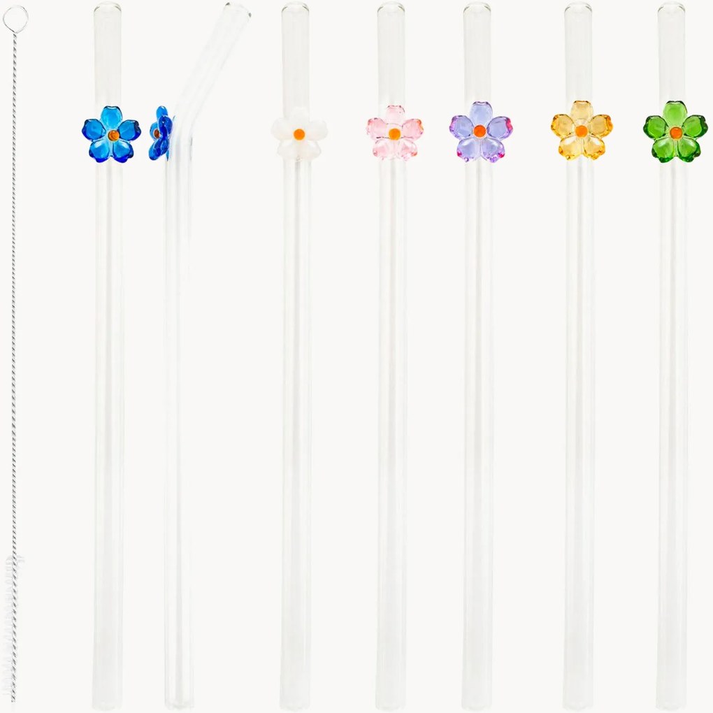 Palhinhas em vidro borossilicato com escova Miniature Flowers, conjunto de 7