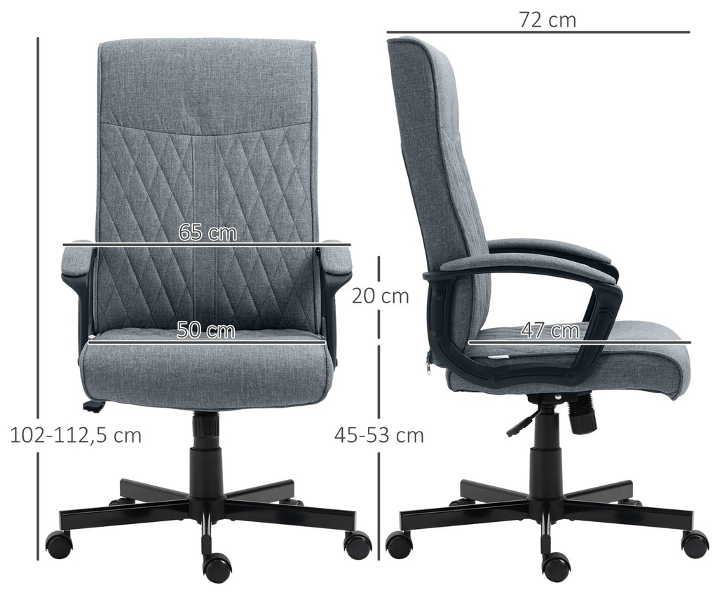 Vinsetto Cadeira de Escritório Giratória 360° Cadeira de Escritório com Encosto Alto Altura Ajustável e Função de Inclinação para Escritório Carga 120kg 65x65x102-112,5cm Cinza Escuro