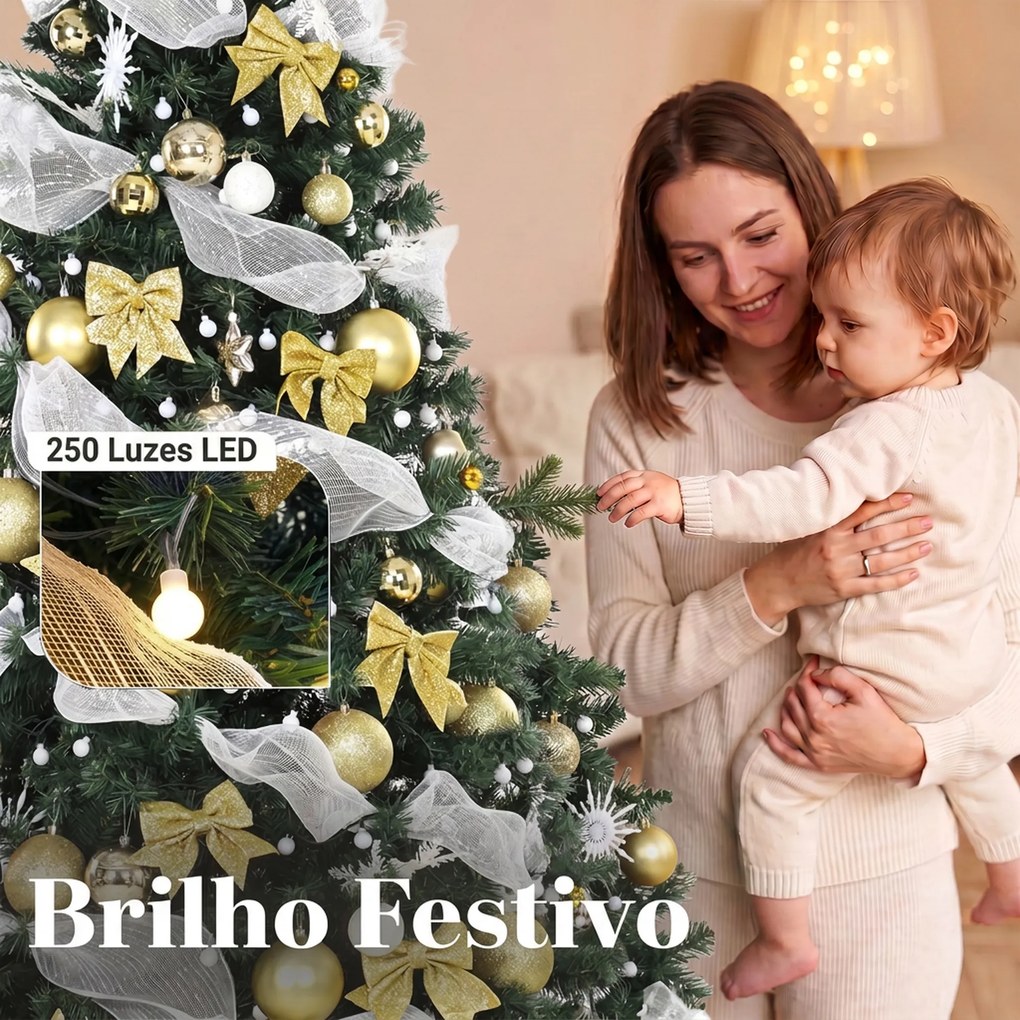 Árvore de Natal Artificial Pré-iluminada 230 cm com 250 Luzes LED 8 Modos 1136 Pontas Comando à Distância Verde