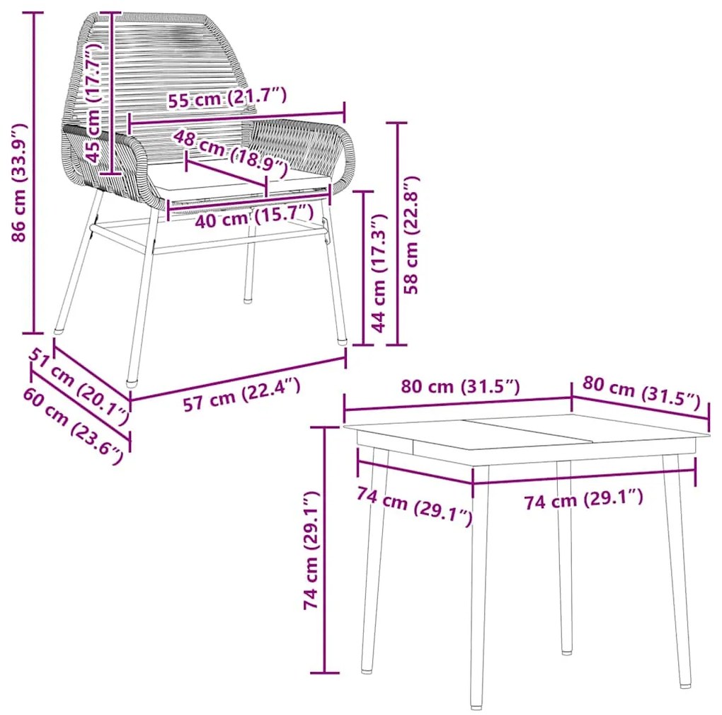 Conjunto de jantar jardim 5 peças almofadas vidro vime PE preto