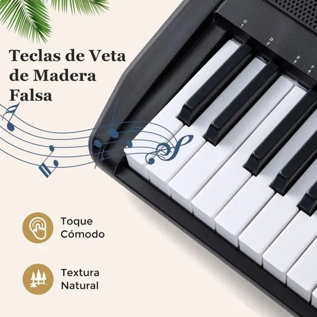 Teclado eletrónico de 61 teclas para principiantes com suporte e banco ajustáveis 200 ritmos e tons 70 demos para todas as idades Preto