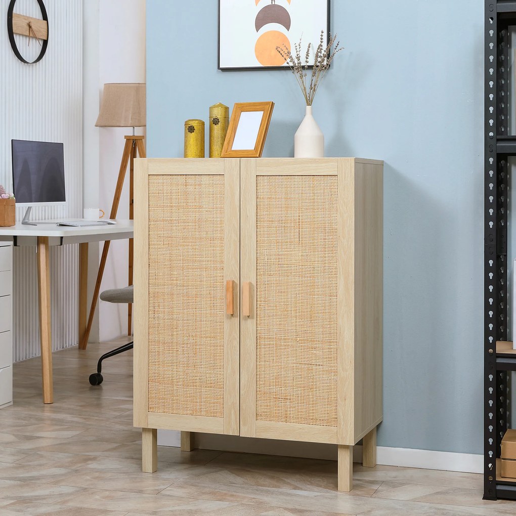 HOMCOM Aparador de Sala de Estar com 2 Portas de Rede e Prateleiras Ajustáveis Armário para Sala de Estar Escritório Dormitório Estilo Cannage Anti-Tombo 73x41x102cm Madeira