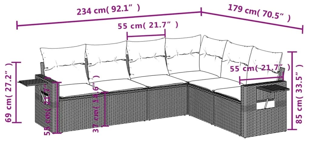 6 pcs conjunto de sofás jardim c/ almofadões vime PE castanho