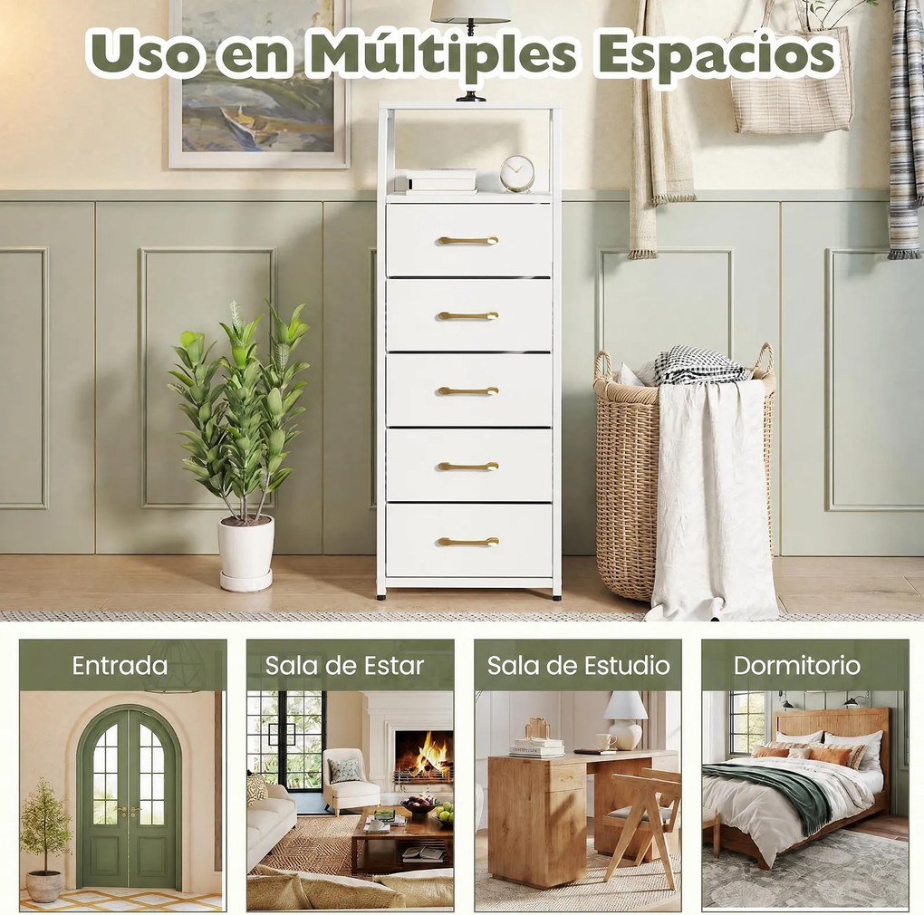 Cómoda de 5 Gavetas, 40,5 x 29 x 110,5 cm, Gavetas de Tecido Removíveis, Branco