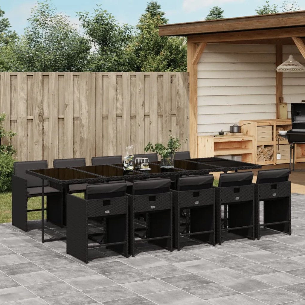 11 pcs conjunto de jantar p/ jardim c/ almofadões vime PE preto