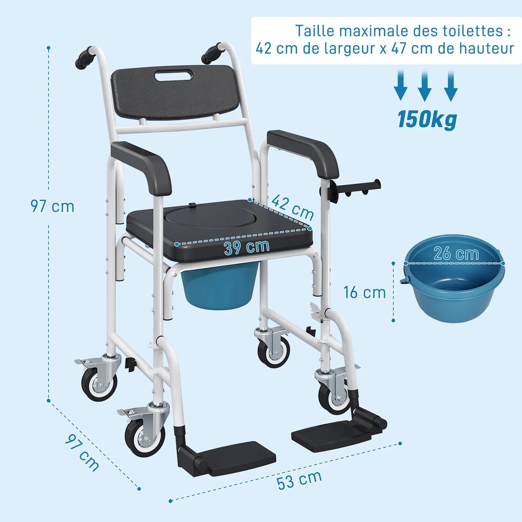 Cadeira sanitária para adultos com rodas 53 x 97 x 97 cm, cadeira sanitária para duche com apoio para os pés, encosto e braços, preta