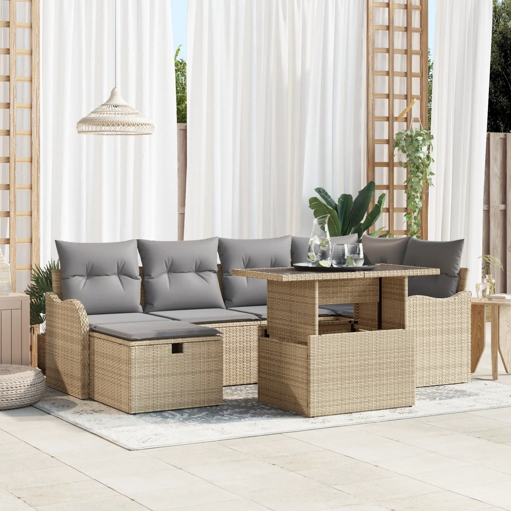 Conjunto de Sofá de Jardim de 7 Peças com Almofadas Bege Rattan Poli,