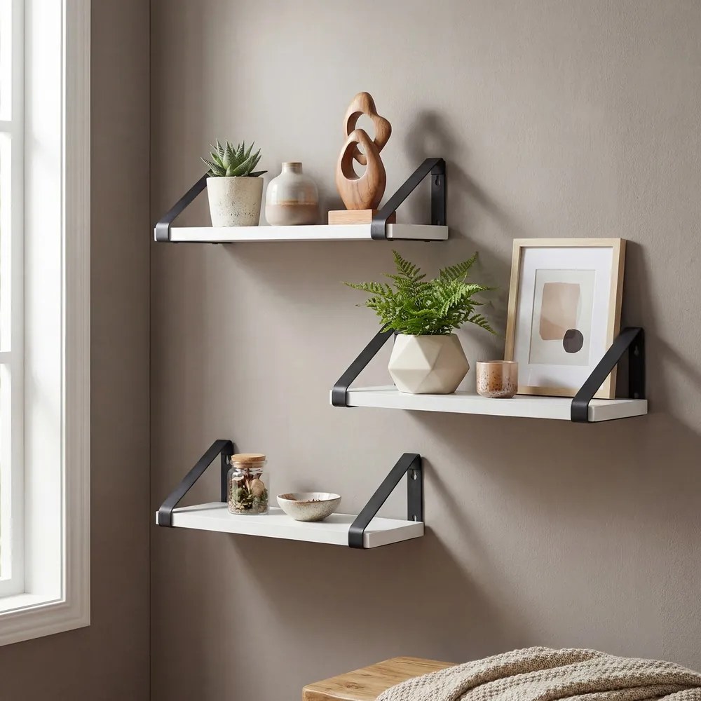 Conjunto de 3 prateleiras de parede, dois tipos de fixação Brancas + Preto