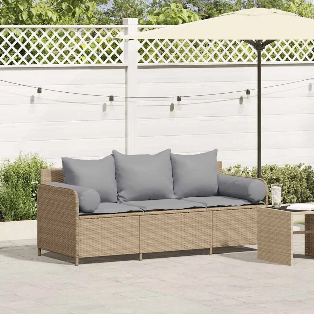 vidaXL Sofá de jardim de 3 lugares com almofadões vime PE bege