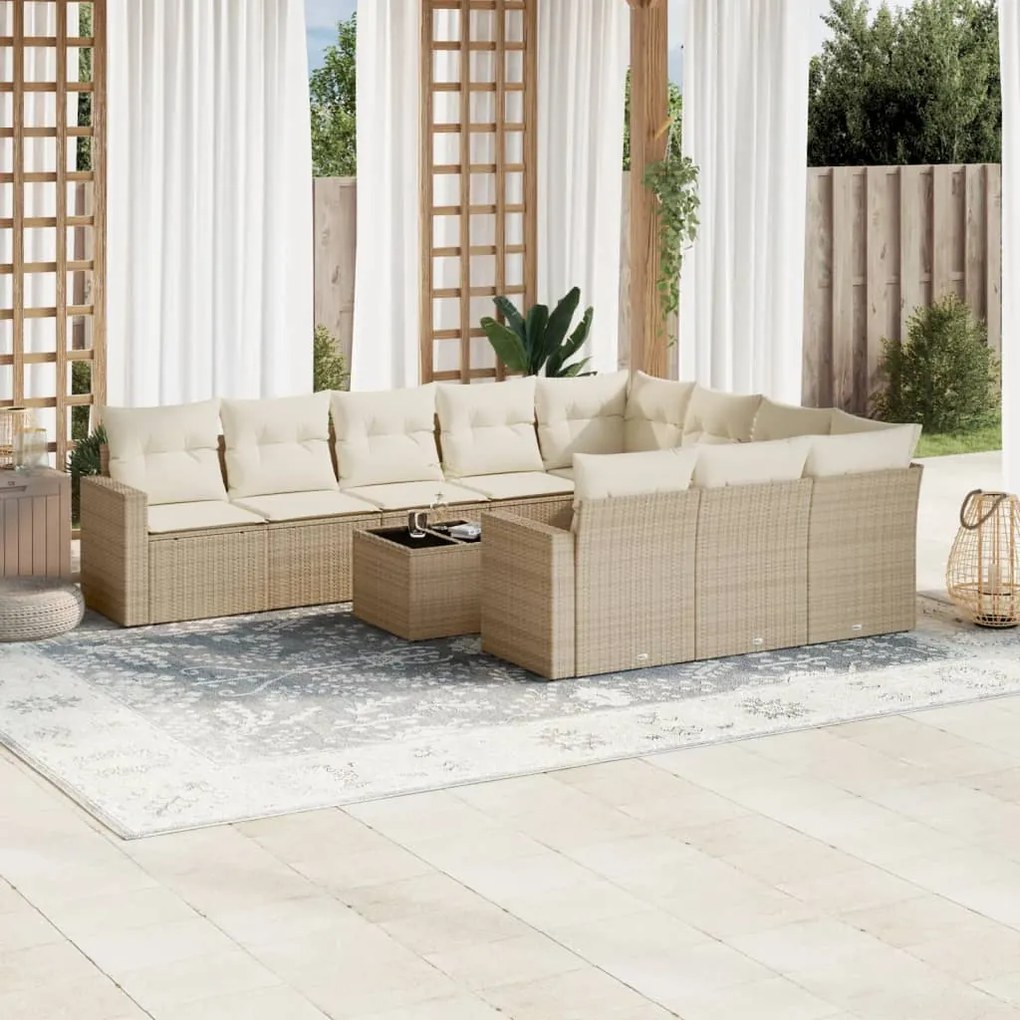 11 pcs conjunto sofás de jardim c/ almofadões vime PE bege
