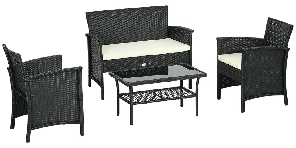 Outsunny Conjunto de Jardim de Vime Sintético de 4 Peças com 2 Poltronas 1 Sofá Duplo 1 Mesa de Centro e Almofadas Preto e Creme