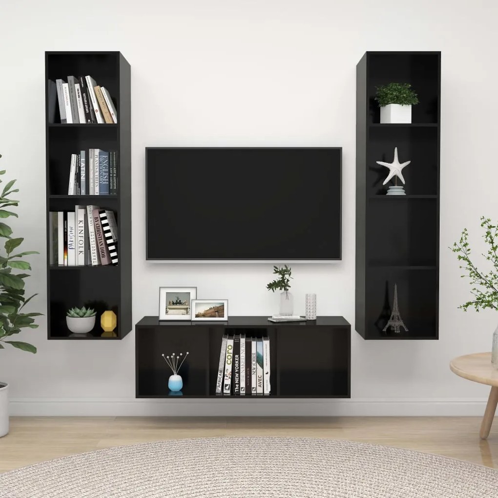 vidaXL 3 pcs conjunto móveis de TV derivados madeira preto brilhante
