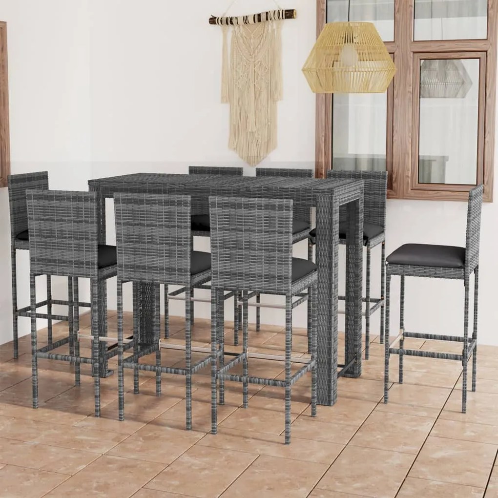 vidaXL 9 pcs conjunto de bar exterior c/ almofadões antracite vime PE