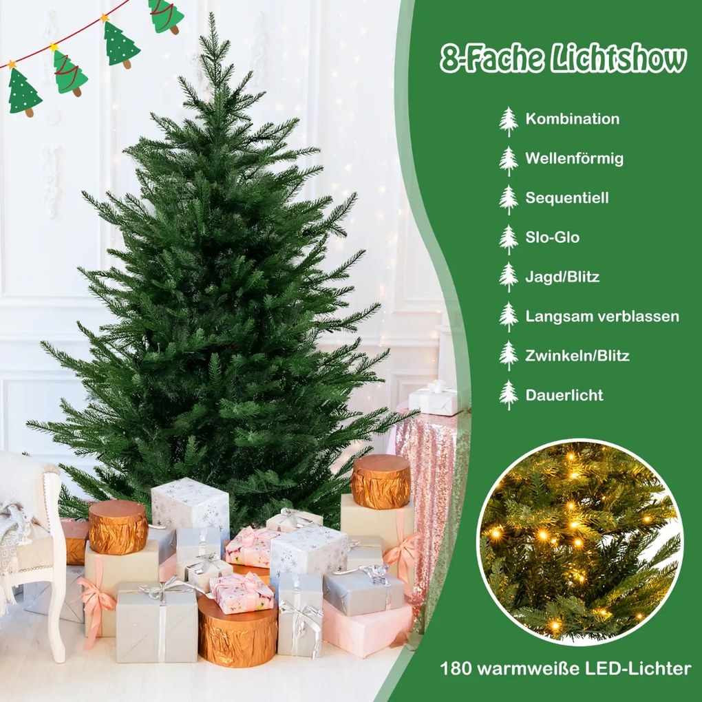 Árvore de Natal artificial de 180 cm com 8 modos de luz e 280 luzes LED brancas quentes