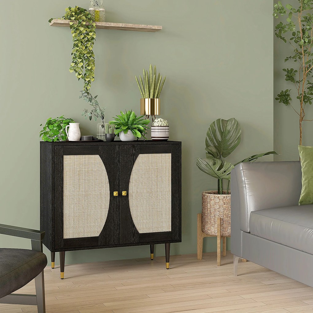 Aparador de cozinha com design boémio, duas portas e dois níveis, frente em rattan, 80 x 38 x 79 cm, preto