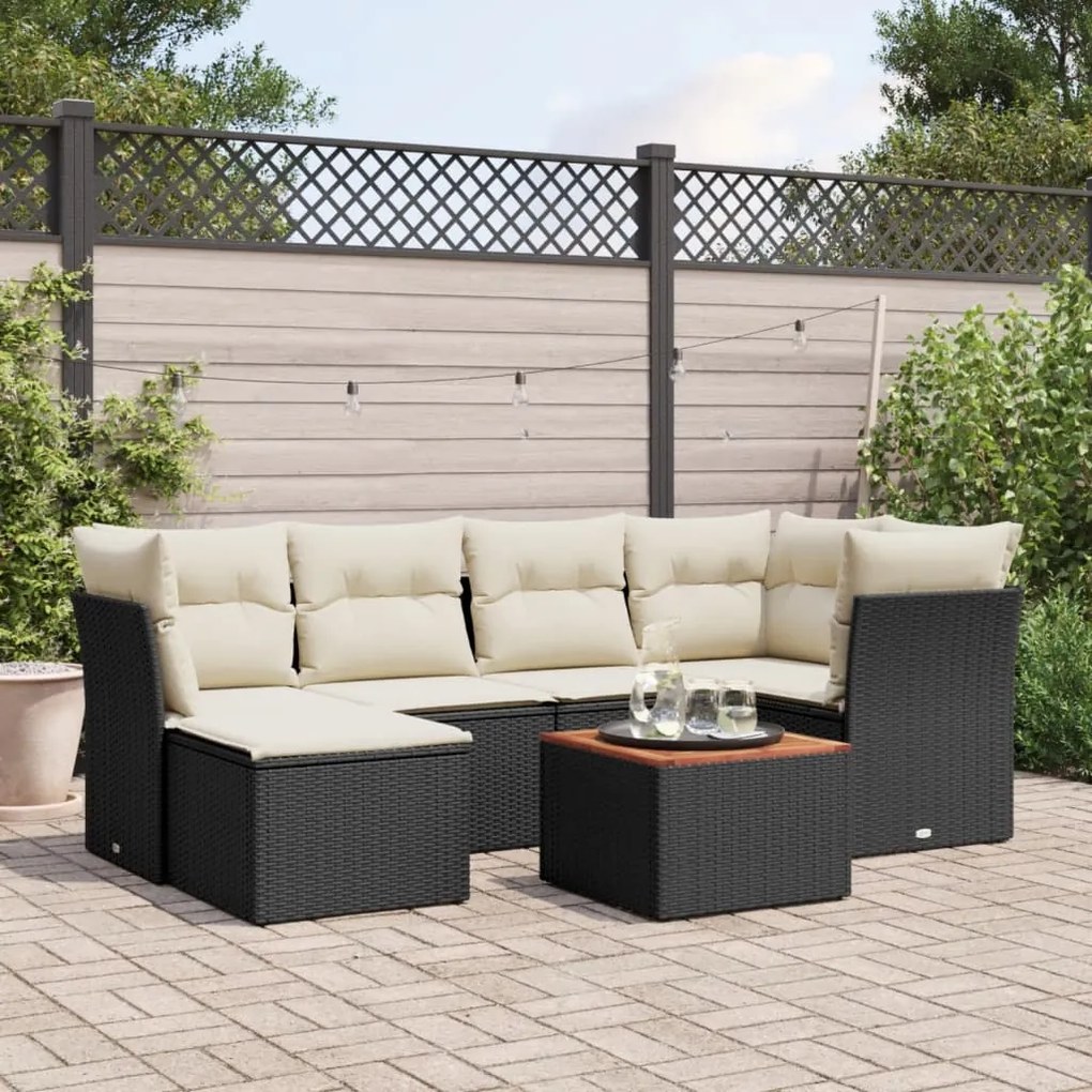 7 pcs conjunto de sofás p/ jardim c/ almofadões vime PE preto