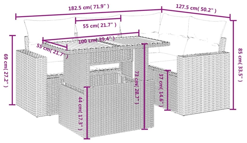 5 pcs conjunto sofás de jardim com almofadões vime PE preto