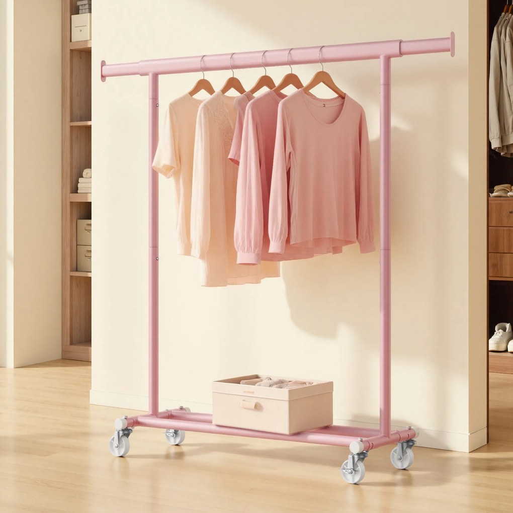 Charriot guarda roupa aberto com rodas 45 x (92-132) x 161,5 cm (P x L x A), barra extensível para roupa Rosa