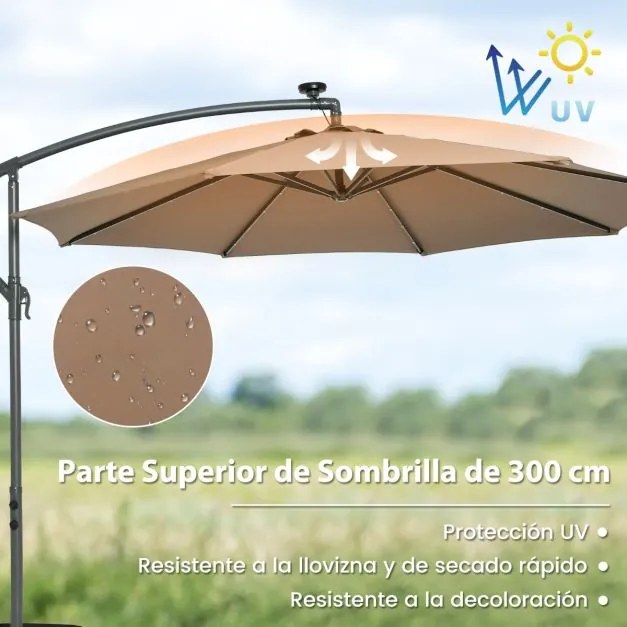 Guarda-sol de 3m com pega 32 luzes LED Painel solar com base de saco de areia pátio jardim piscina Castanho