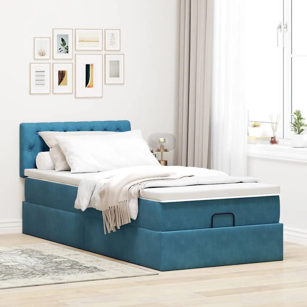 Estrutura cama otomana com colchão azul escuro 90x190cm veludo