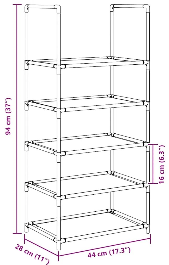 Sapateira 5 camadas 44x28x94 cm tecido não tecido preto