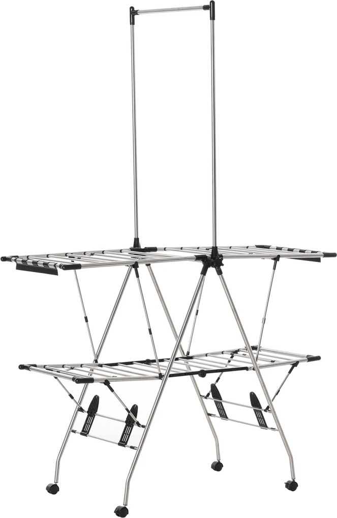 Estendal de roupa dobrável com rodas, ampla área de secagem, aço inoxidável, 138,5 x 63 x 208 cm, prateado e preto