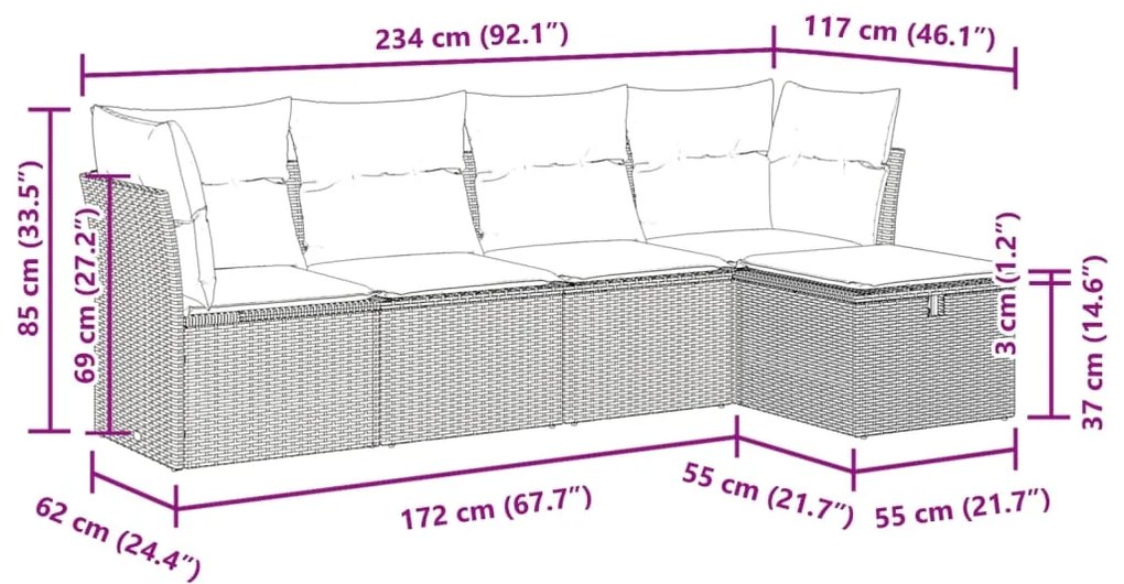 5 pcs conjunto sofás de jardim c/ almofadões vime PE cinzento