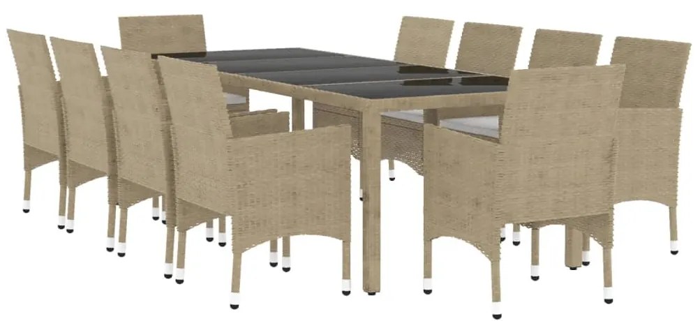 11 pcs conjunto de jantar para jardim vime PE bege