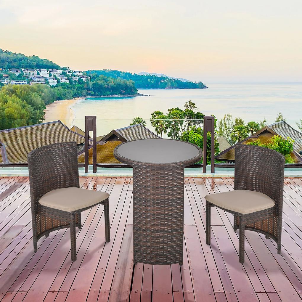 Outsunny Conjunto de móveis de jardim de vime 3 peças com 1 mesa de centro e 2 cadeiras com almofadas para terraço Fácil armazenamento Aço marrom