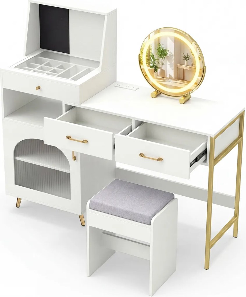 Toucador com espelho e luzes reguláveis 136 x 43 x 127,5 cm, mesa de vidro com 3 gavetas, ranhuras para anéis e ganchos, com porta e banco branco