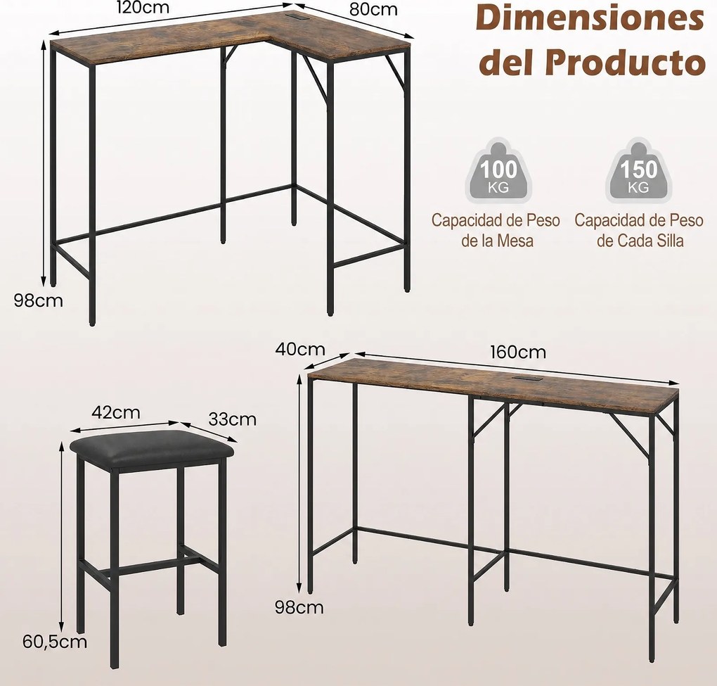 Conjunto de Mesa de Bar e 2 Cadeiras, 120 x 80 x 98 cm, Estação de Carregamento Integrada, Castanho