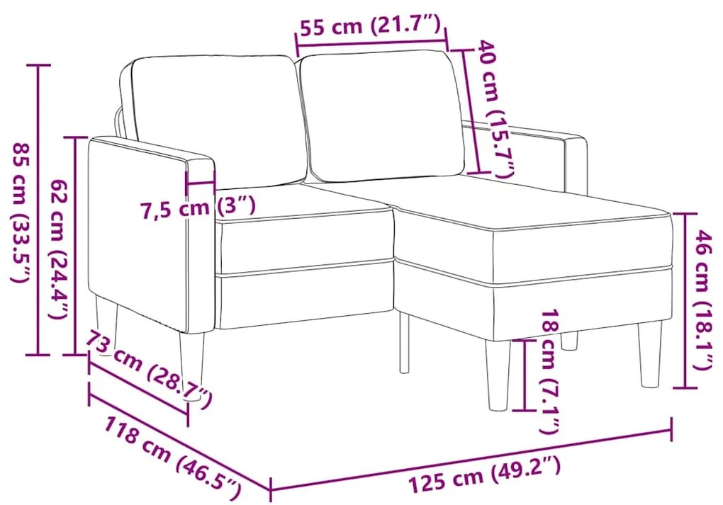 Sofá 2 lugares com Chaise em L 125 cm couro artificial creme