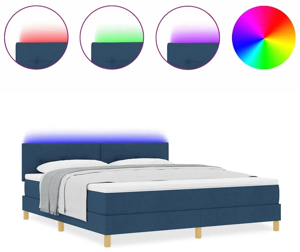 Cama Box Spring com Colchão &amp; LED Azul 180x200 cm Tecido