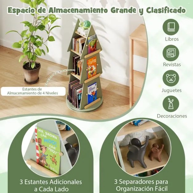 Estante para livros infantis Ø48 x 102 cm giratória 360° Carrossel de livros para crianças com 4 níveis em forma de árvore verde