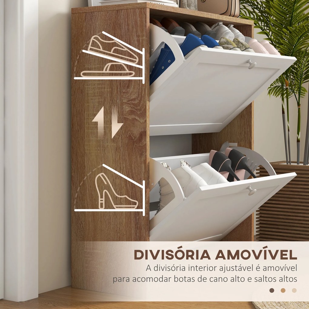 Sapateira Estreita com 2 Portas Prateleiras Ajustáveis para 12 Pares de Sapatos 60x24,5x75,5 cm Mdeira e Branco