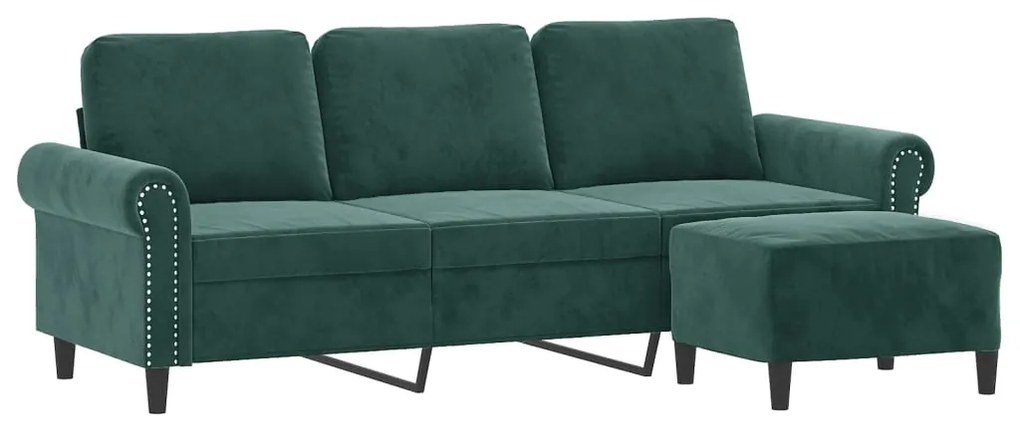 Sofá de 3 lugares com apoio de pés 180 cm veludo verde-escuro