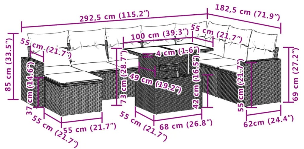 9 pcs conjunto sofás p/ jardim com almofadões vime PE cinzento