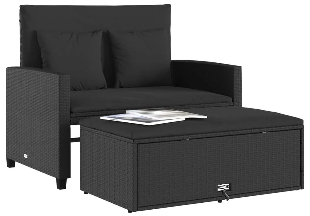 Sofá de jardim com almofadões 2 lugares vime PE preto