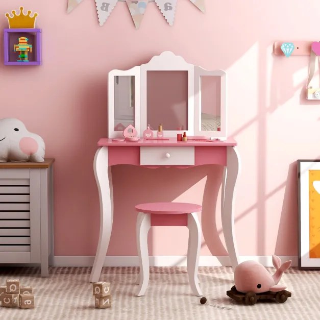 Toucador e banco de madeira para crianças com espelho de 3 painéis e gaveta rosa e branco