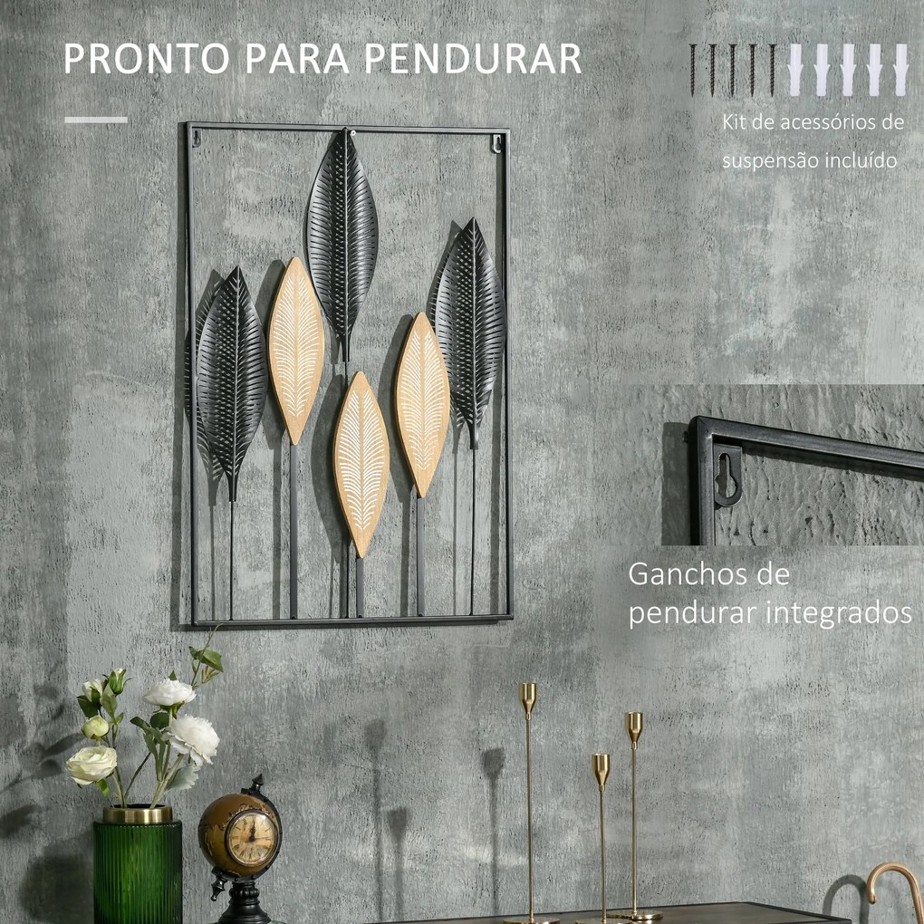 Decoração de Parede de Metal de Folhas de Banana 3D Arte de Parede Suspensa para Sala de Estar Dormitório Escritório 50x70cm Preto e Bege