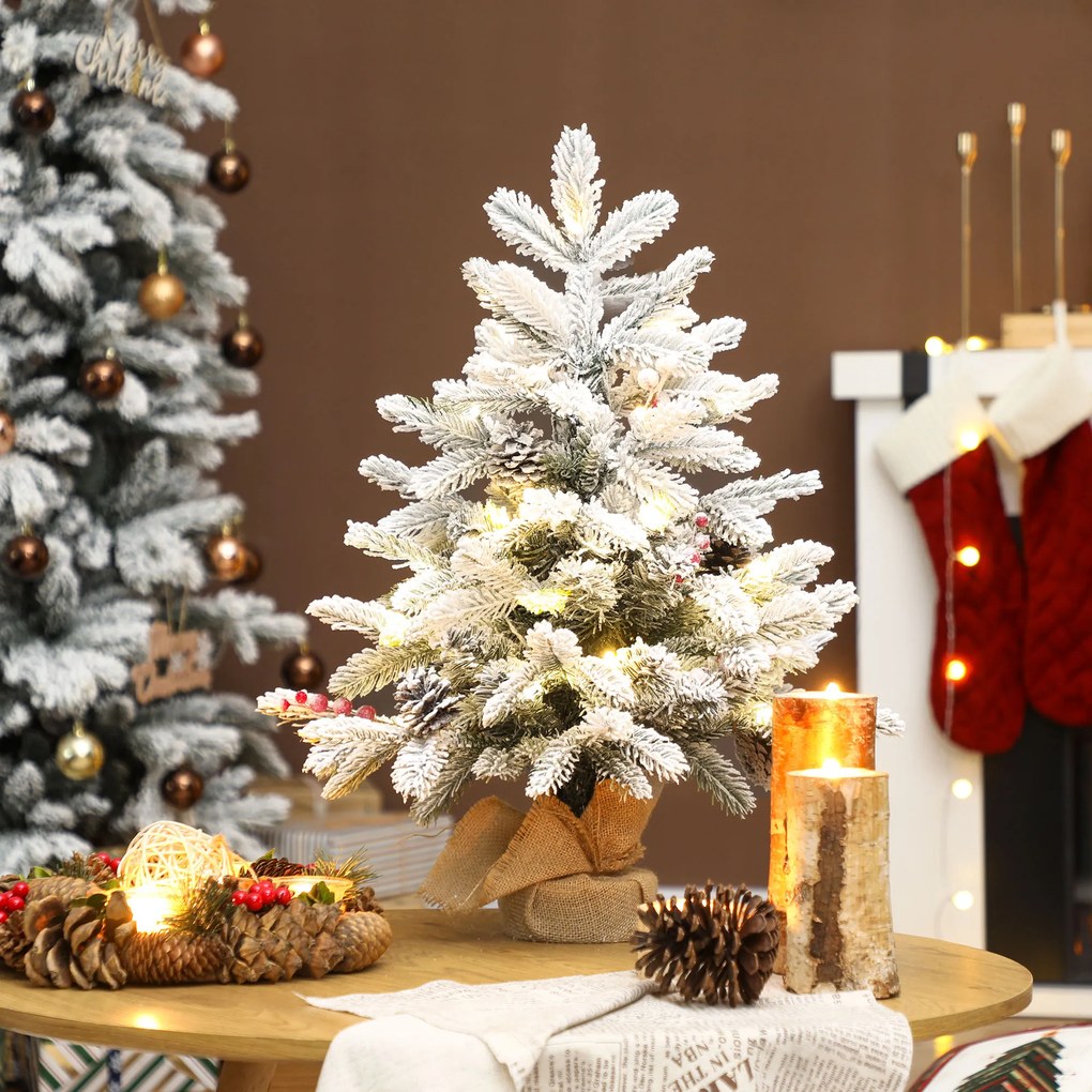 Mini Árvore de Natal Artificial com 35 Luzes LED 182 Ramos com Neve Pinhas Bagas e Base de Saco de Juta Ø48x60 cm Verde