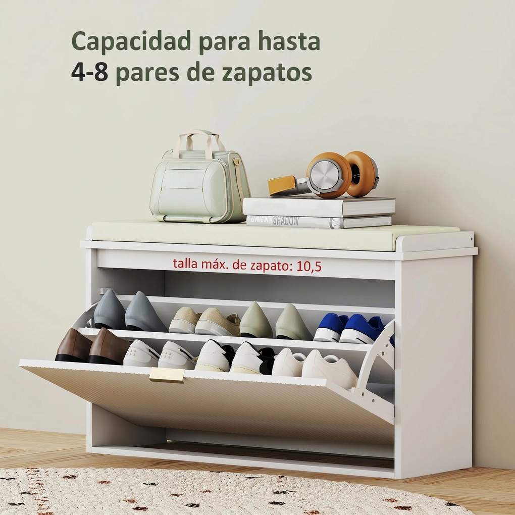 Banco Sapateira Móvel Sapateira Estreito com Assento Estofado Caixa Rebatível e Painel de Ripas 80x26x47,5 cm Branco