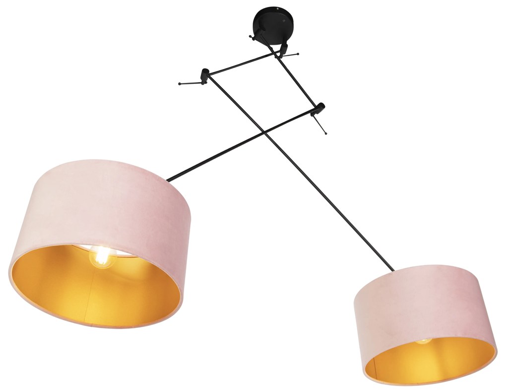 Candeeiro de suspensão preto com abajures de veludo rosa e dourado 35 cm 2-luzes - Blitz Country / Rústico,Rústico