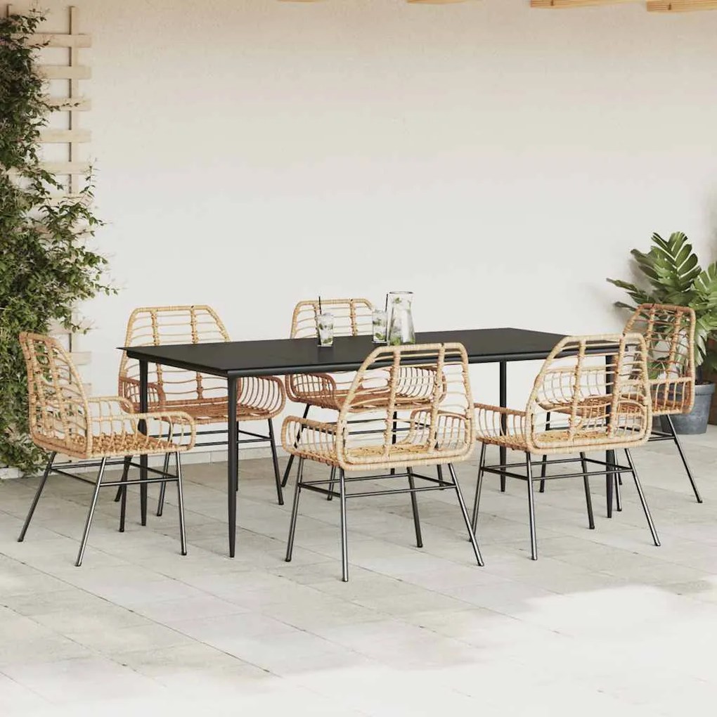 Conjunto jantar jardim 7 peças vidro vime PE castanho