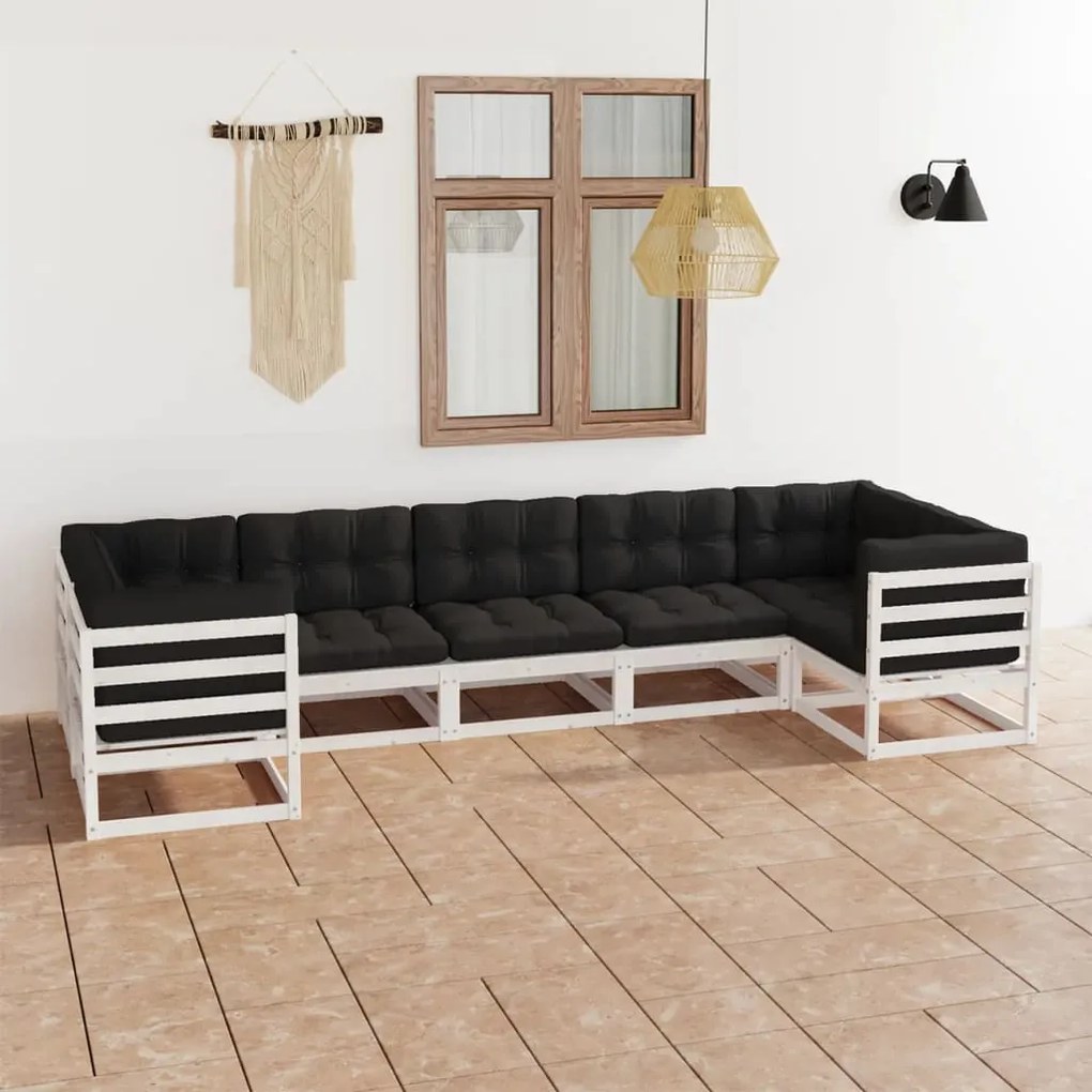 vidaXL 7 pcs conj. lounge de jardim c/ almofadões pinho maciço branco