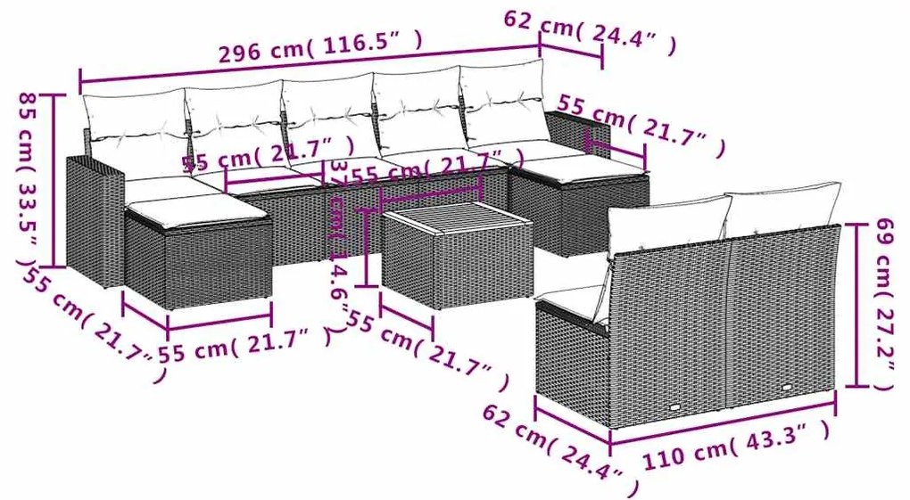 10 pcs conjunto sofás de jardim c/ almofadões vime PE preto