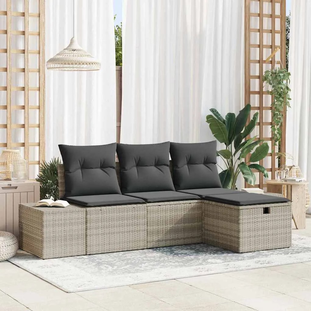 vidaXL Conjunto de Sofás de Jardim 4 Peças da com Almofadas em Rattan Sintético Cinza Claro