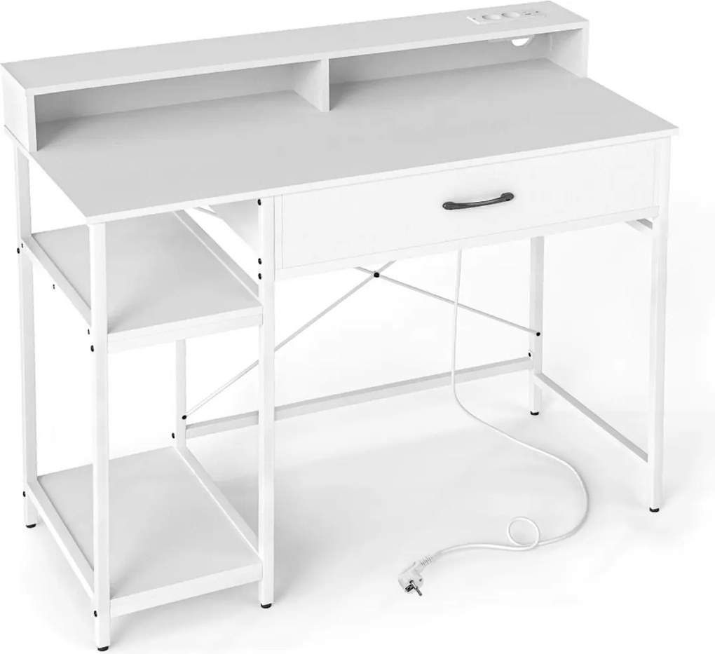 Secretária para computador 106 x 48 x 90 cm com tomadas com armário superior, gaveta e 2 prateleiras abertas Estrutura branca